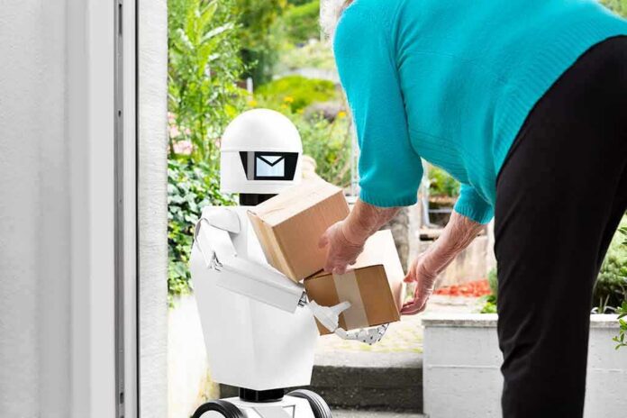 shutterstock_1497242750 Delivery robot handing packages to a person at a doorstep