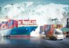 Cargo ship with containers alongside trucks, plane, and forklifts at a port