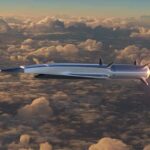 Hypersonic missile flying above clouds with bright exhaust flame