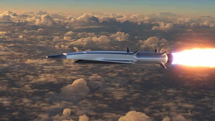Hypersonic missile flying above clouds with bright exhaust flame