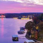 Lakeside marinas and shoreline at sunset