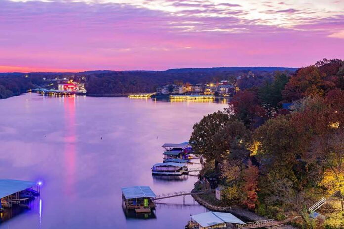 Lakeside marinas and shoreline at sunset