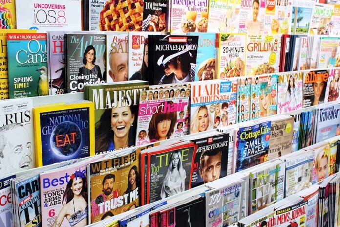 Magazine rack with covers featuring Francis, Humphrey Bogart, Alfre Woodard, Beyoncé, and Claire Shipman