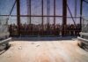 Border Chaos Pushes City Into Emergency Crowd stands behind tall metal fence at border crossing