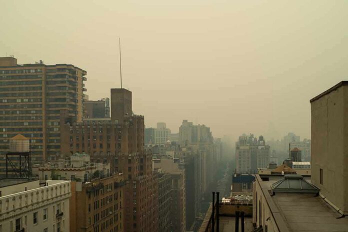 City skyline shrouded in heavy haze