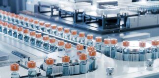 Pharmaceutical vials on an automated production line