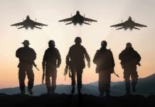 Chants Erupt As Air Force One Screams Over Soldiers walking with fighter jets flying overhead at sunset