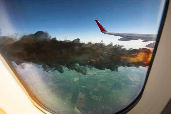 Airplane wing seen through window with engine fire and smoke