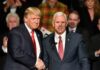 Scorched-Earth Labor Day Blast From Trump Donald Trump and Mike Pence shake hands on stage; Jeff Lord is in the background
