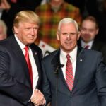 Scorched-Earth Labor Day Blast From Trump Donald Trump and Mike Pence shake hands on stage; Jeff Lord is in the background