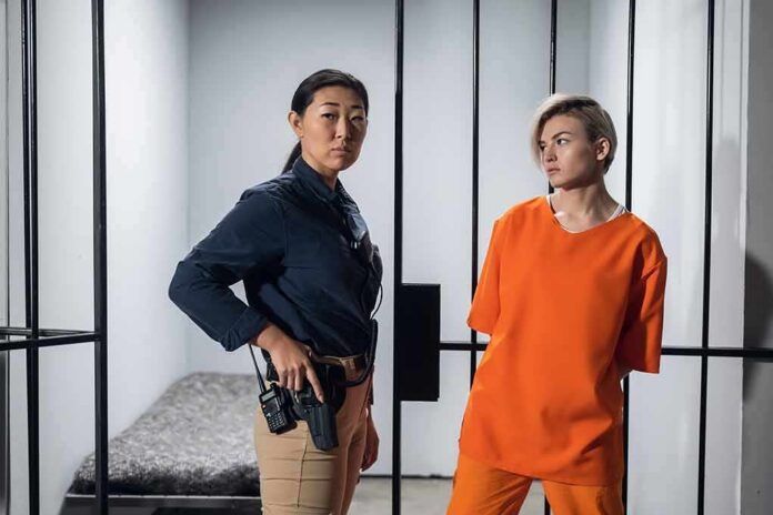 shutterstock_1829267435-1 Police officer stands beside inmate in orange uniform inside a jail cell