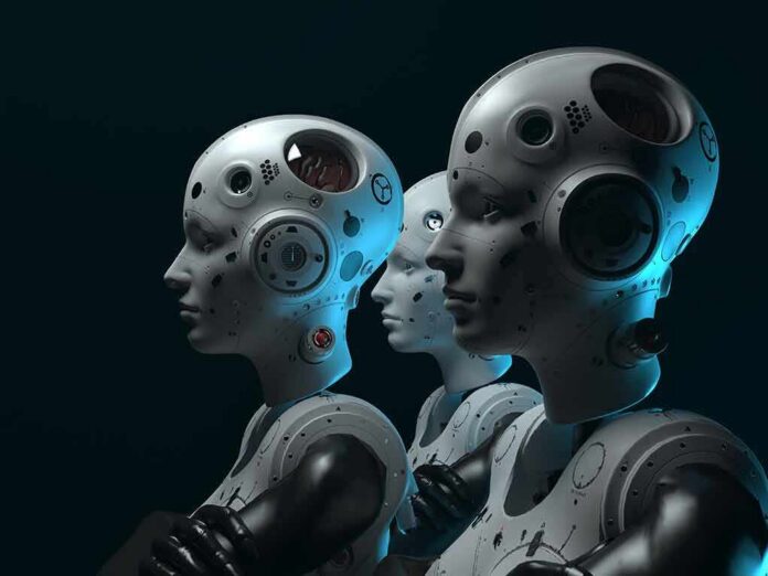 shutterstock_1937010166 row of humanoid robots with mechanical heads in profile