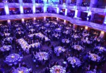Media-Politics Mashup at Mar-a-Lago Ballroom filled with round tables at a formal gala dinner
